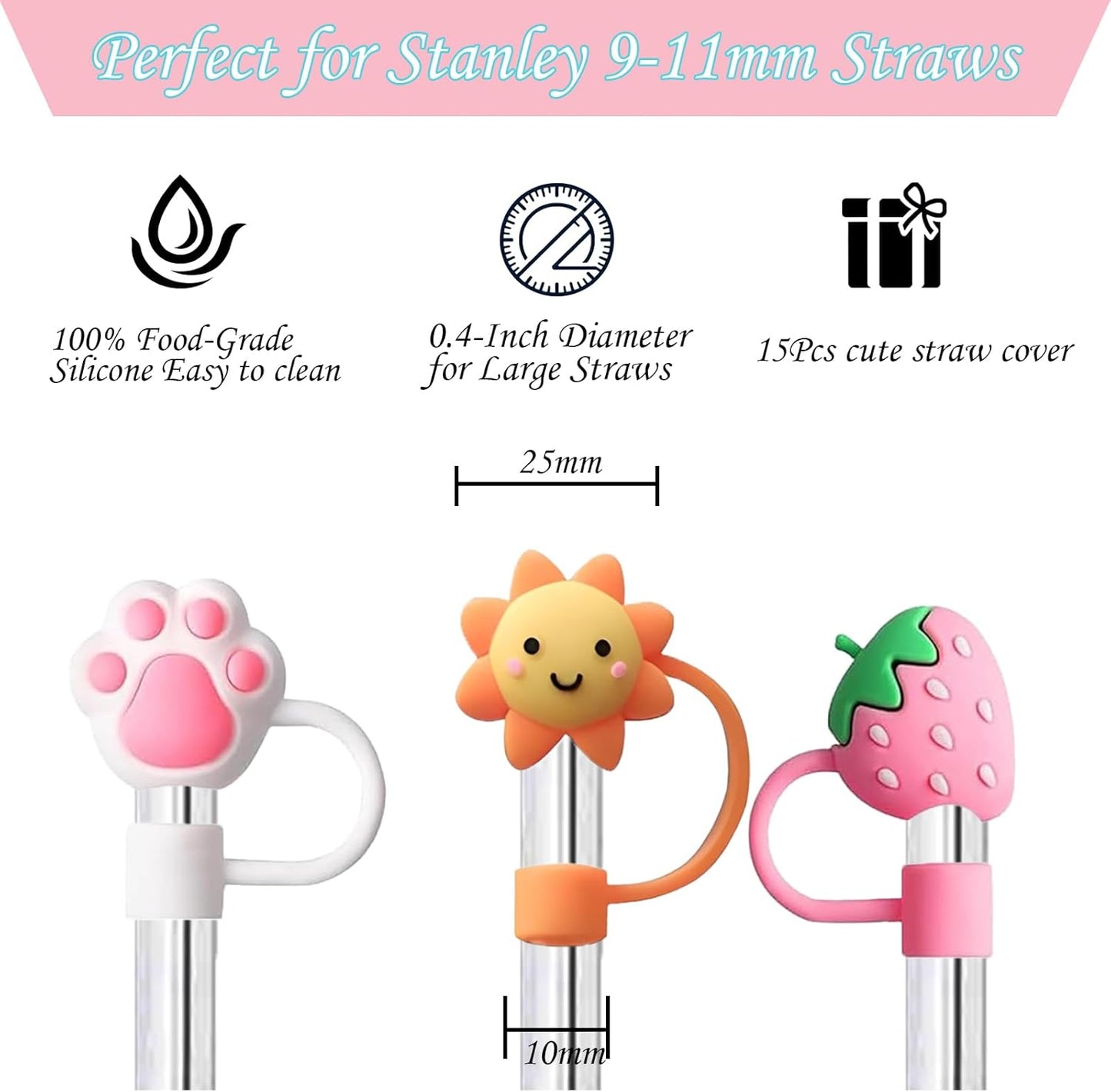 15Pcs Straw Toppers for Stanley Cup, Silicone 10mm Straw Cover Cap for Stanley 30 40oz Tumblers, Reusable Lid Accessories
