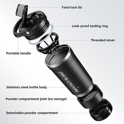 PROCHAIN Insulated Stainless Steel Shaker Bottle, Metal Shaker Cup for Protein Shakes with Storage, Leak-Proof Twist Lock Lid, Perfect for Gym Sports, 20 oz
