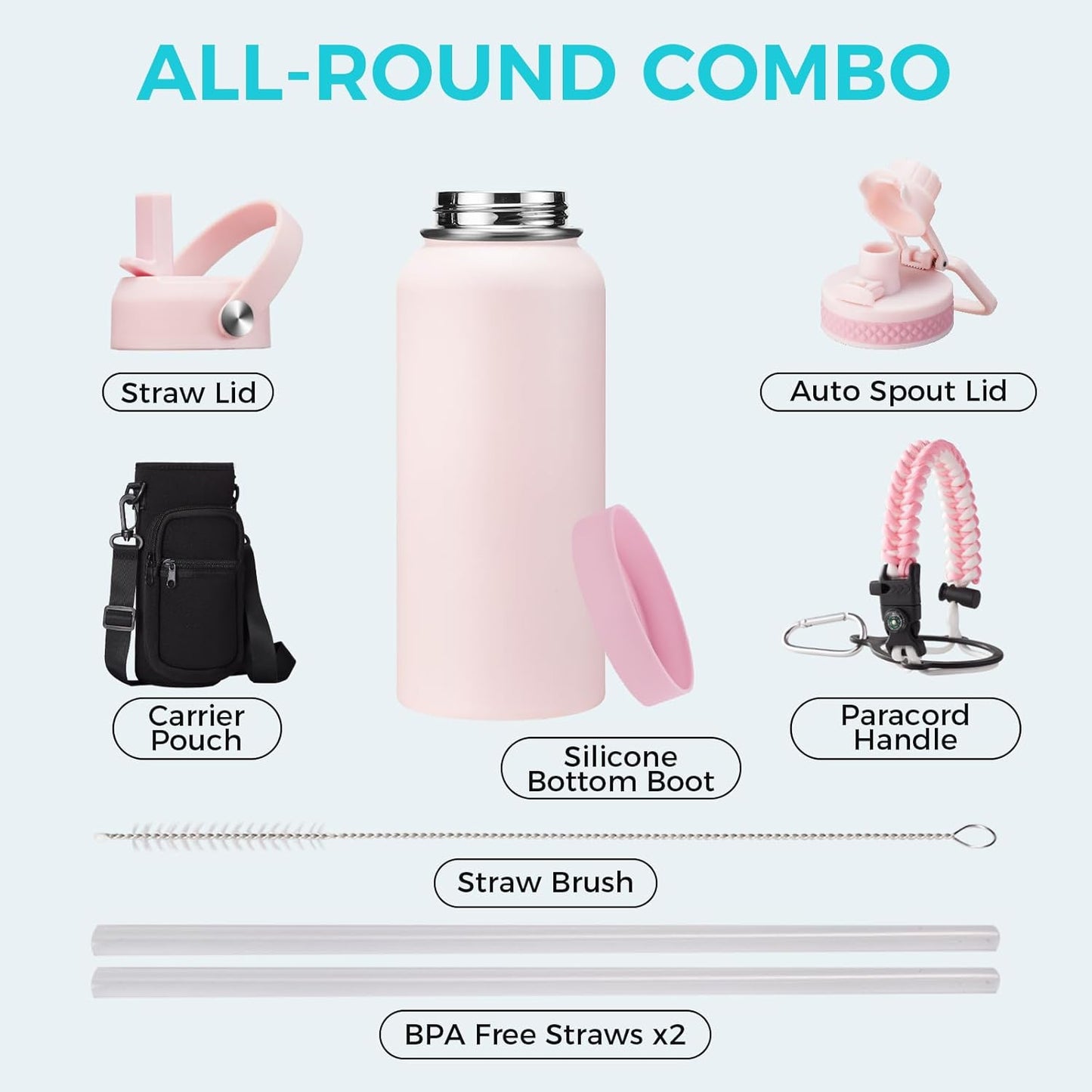 32/40/64OZ Insulated Water Bottle - Keep Cold 48H Hot 24H, Combo Straw/Spout Lids, Paracord Handle for Gym/Hiking, Carrier Bag +Strap, Cup Mat, BPA-Free Stainless Steel Flask Jug