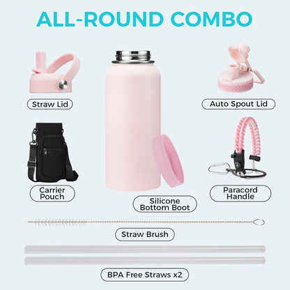 32/40/64OZ Insulated Water Bottle - Keep Cold 48H Hot 24H, Combo Straw/Spout Lids, Paracord Handle for Gym/Hiking, Carrier Bag +Strap, Cup Mat, BPA-Free Stainless Steel Flask Jug