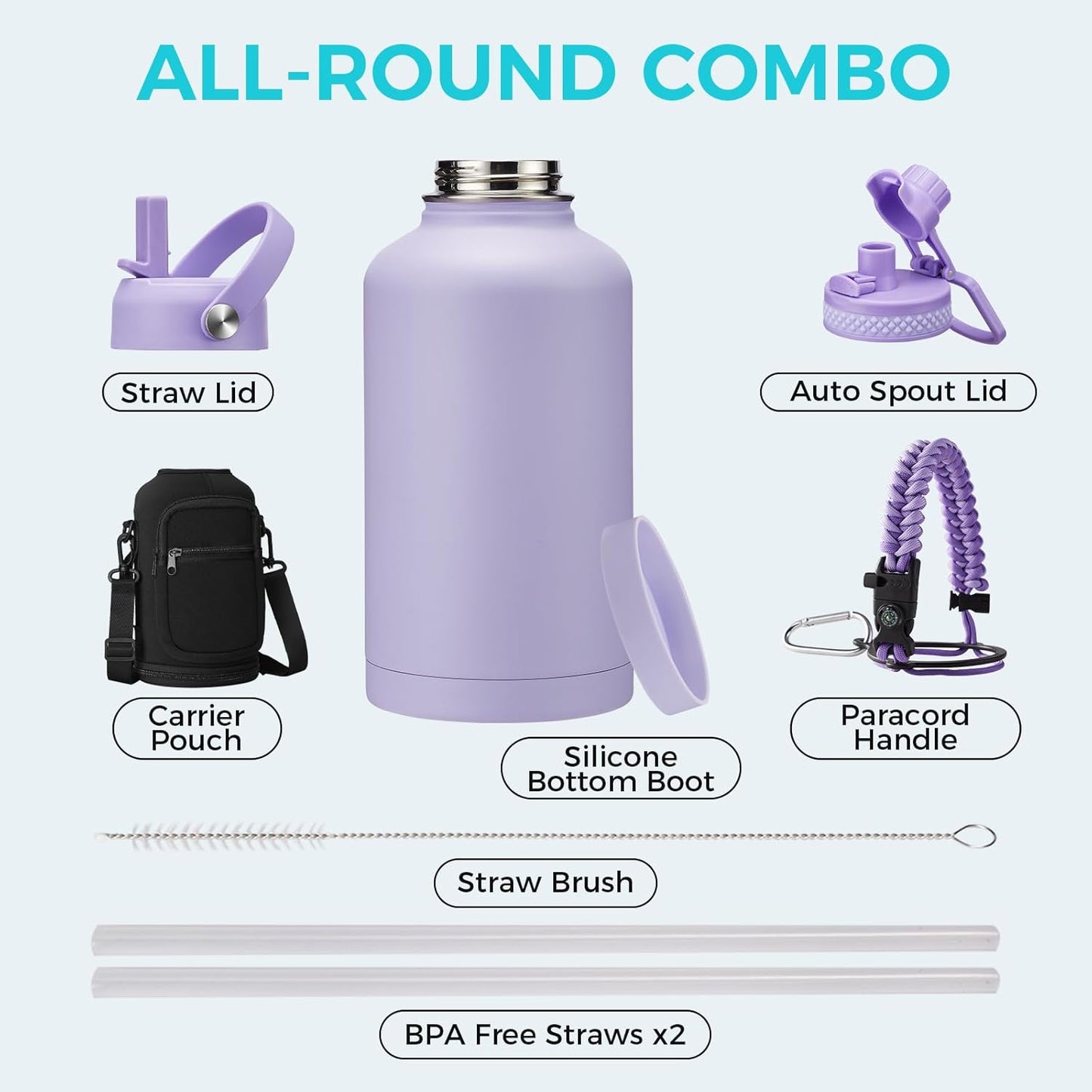 32/40/64OZ Insulated Water Bottle - Keep Cold 48H Hot 24H, Combo Straw/Spout Lids, Paracord Handle for Gym/Hiking, Carrier Bag +Strap, Cup Mat, BPA-Free Stainless Steel Flask Jug