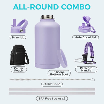 32/40/64OZ Insulated Water Bottle - Keep Cold 48H Hot 24H, Combo Straw/Spout Lids, Paracord Handle for Gym/Hiking, Carrier Bag +Strap, Cup Mat, BPA-Free Stainless Steel Flask Jug