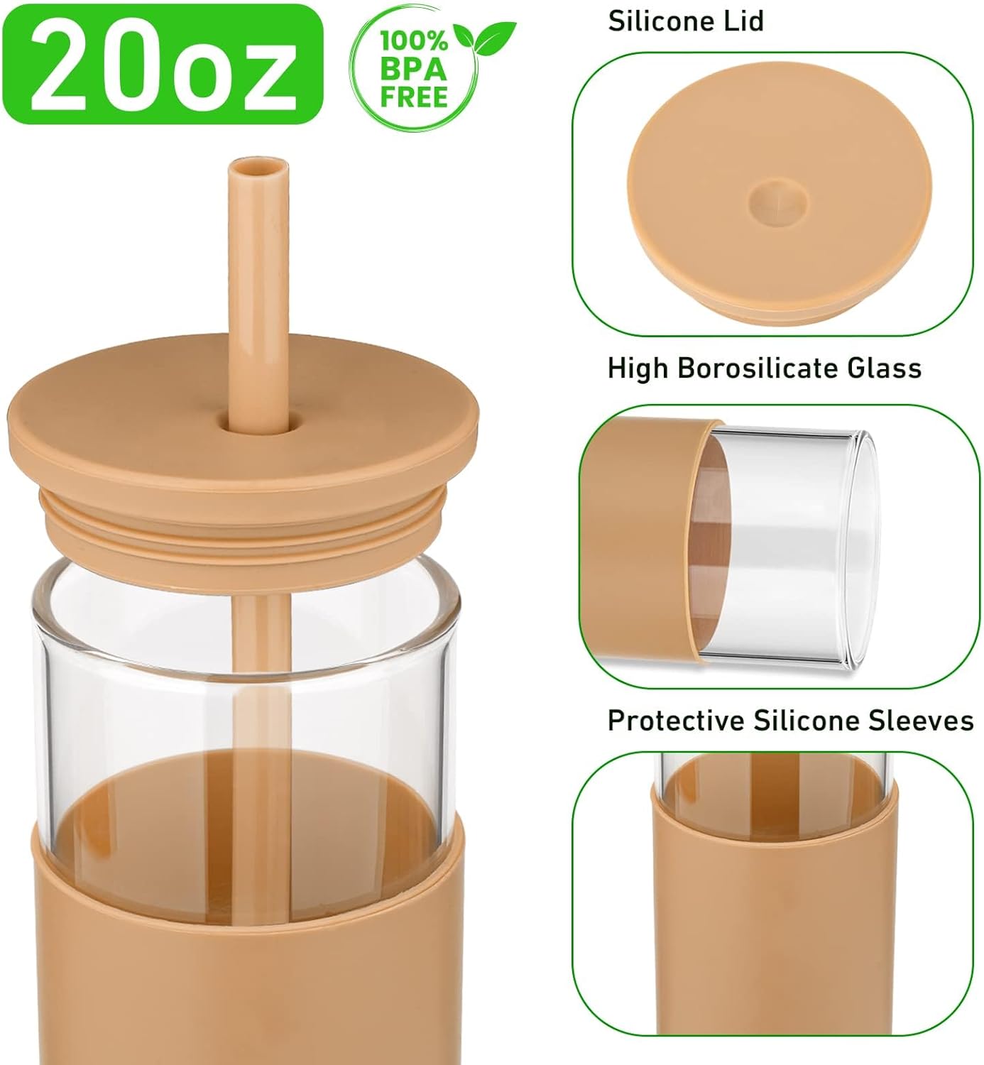 Tronco 20 oz Glass Tumbler with Lids and Straws, Reusable Iced Coffee Cups with Silicone Lid & Protective Sleeve, Dishwasher Safe, BPA-Free Borosilicate Glass for Coffee, Iced Tea, Water & Smoothies