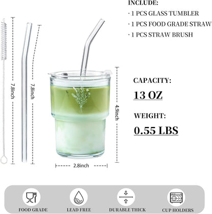 Olvini 13oz Glass Tumbler with Straw and Lid, Reusable Iced Coffee Cup Tumbler, Cute Glass Cups for Water, Matcha, Travel Coffee Mugs (Daisy)
