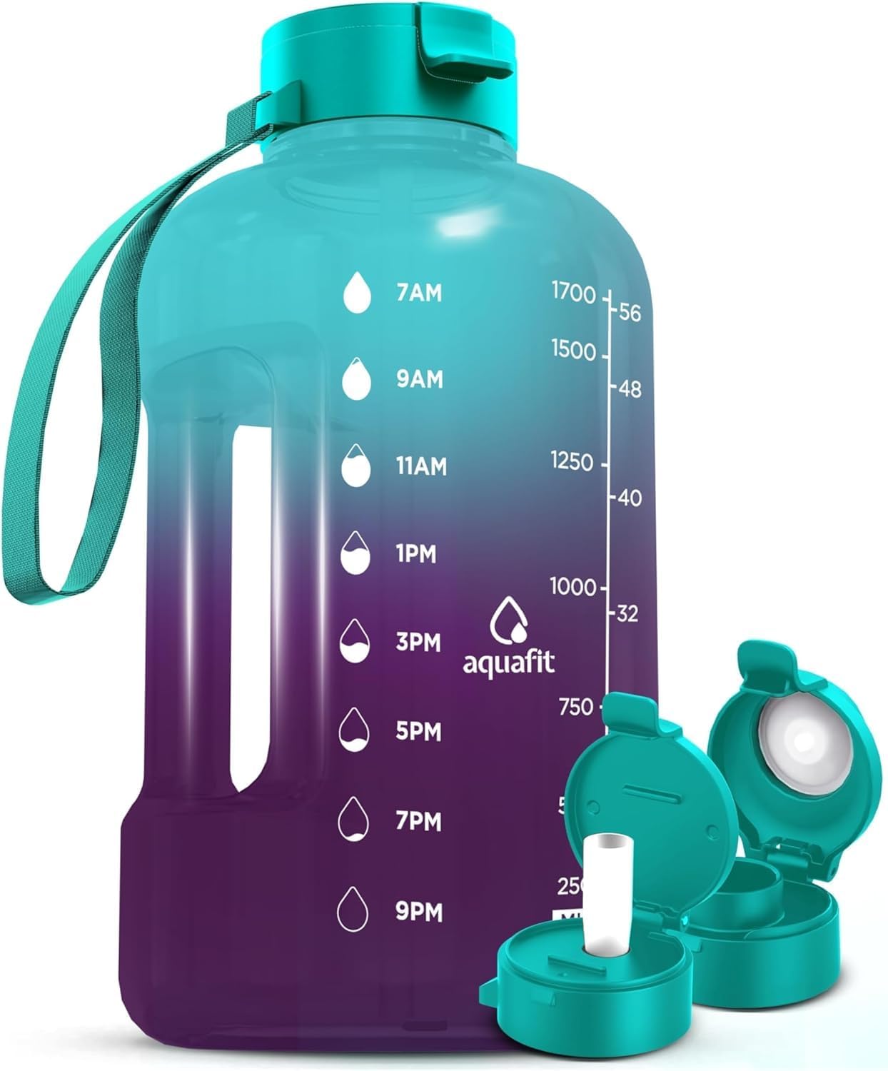 AQUAFIT 64 oz Water Bottle with Time Marker - Straw & Chug Lid - BPA Free Half Gallon Gym Water Bottle with Handle - Big Gallon Jug (Gray, 64 Ounces)