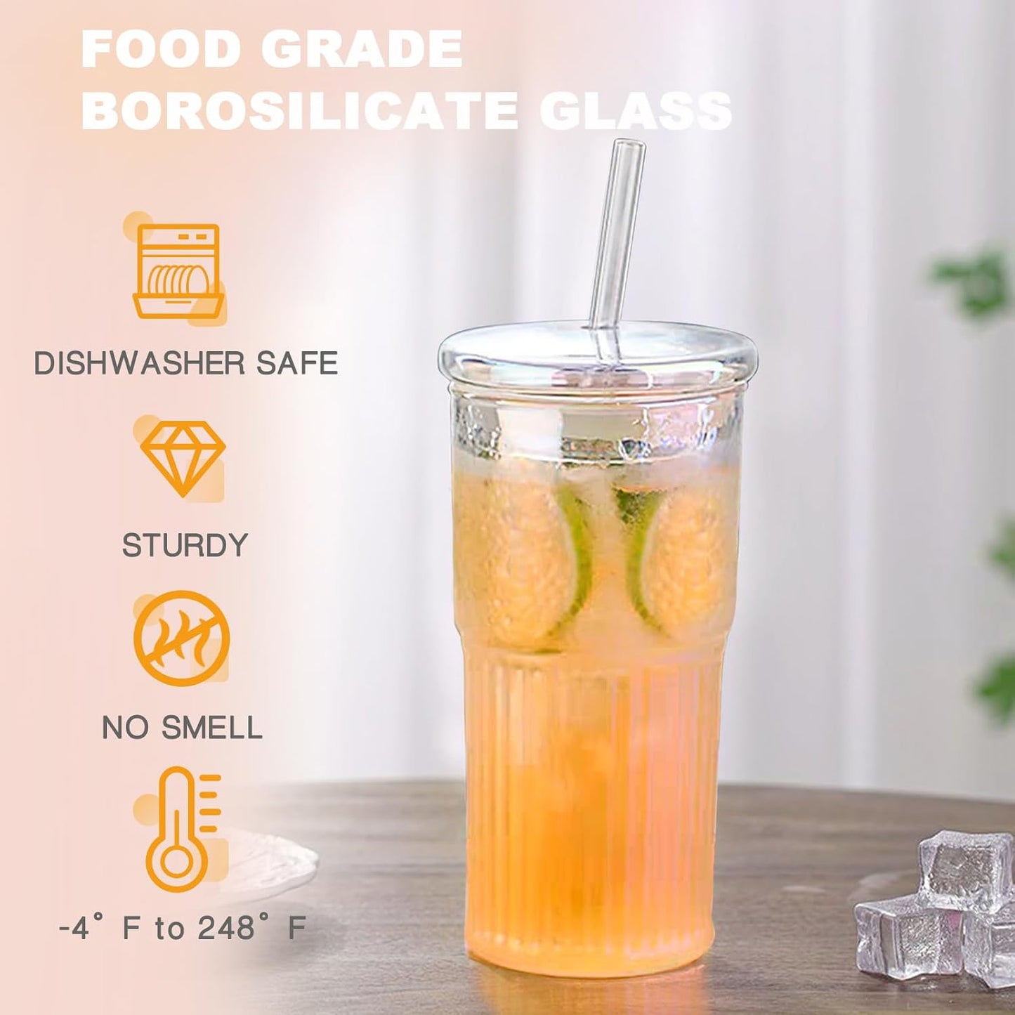JunVpic Glass Cups with Lids and Straws,24oz Glass Tumbler with Handle Iced Coffee Cup for Coffee,Juice,Tea,Milk,Smoothie,Hot & Cold Drinks (Pink)