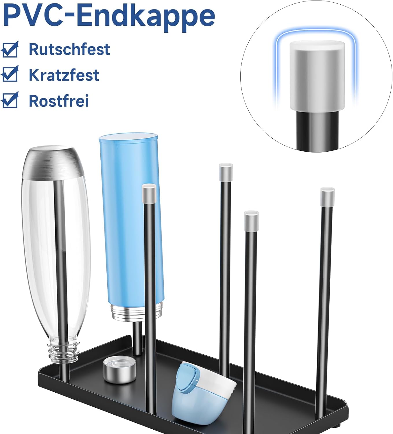 Water Bottle Drying Rack with Drain Tray, Cup Drying Rack for Counter, Metal Tumbler Dryer Stand with 6 Pegs, Space-Saving Drying Rack for Water Bottles, Baby Bottle, Glass & Reusable Bag (Black)