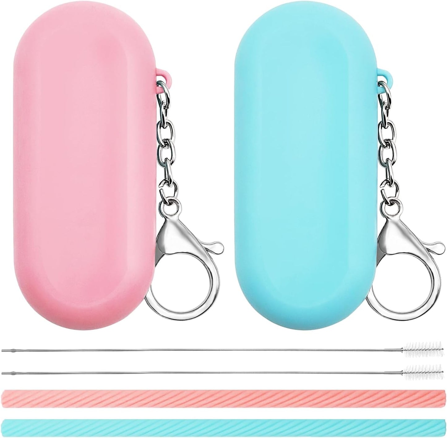 2 Set Silicone Straws with Case, Reusable Travel Straw Cruise Ship Essentials, Foldable Portable Straw + Deep Cleaning Brush + Carry Case with Keychain, for Travel & Party Cold or Hot (Pink & Blue)