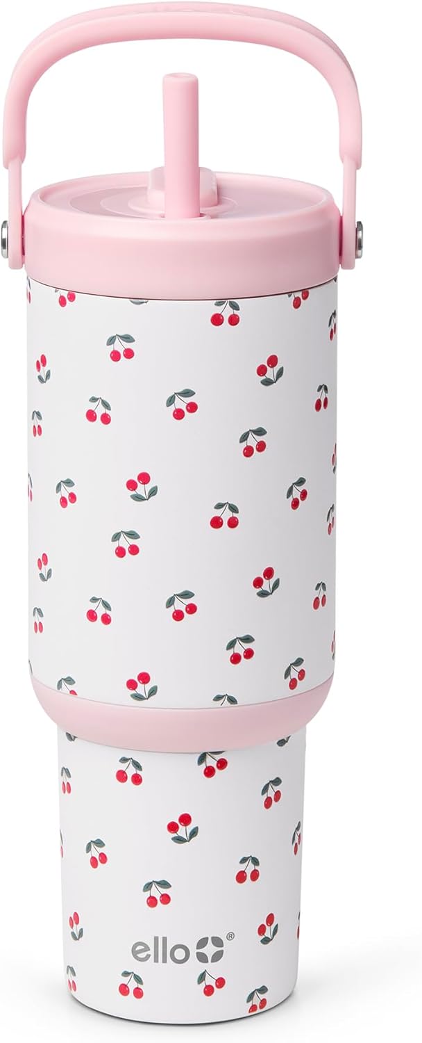 Ello Oasis Go+ 26oz Tumbler with Top Handle and Retracting Straw | Reusable Insulated Stainless Steel Cup, 100% Leakproof Water Bottle, 24 Hours Cold, Cup Holder Friendly For Travel | Wild Rasberry