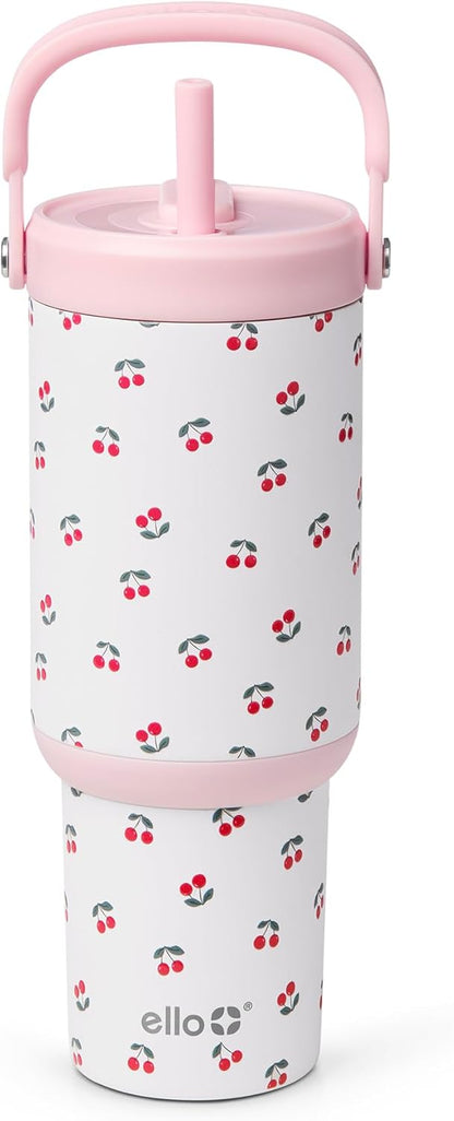 Ello Oasis Go+ 26oz Tumbler with Top Handle and Retracting Straw | Reusable Insulated Stainless Steel Cup, 100% Leakproof Water Bottle, 24 Hours Cold, Cup Holder Friendly For Travel | Wild Rasberry
