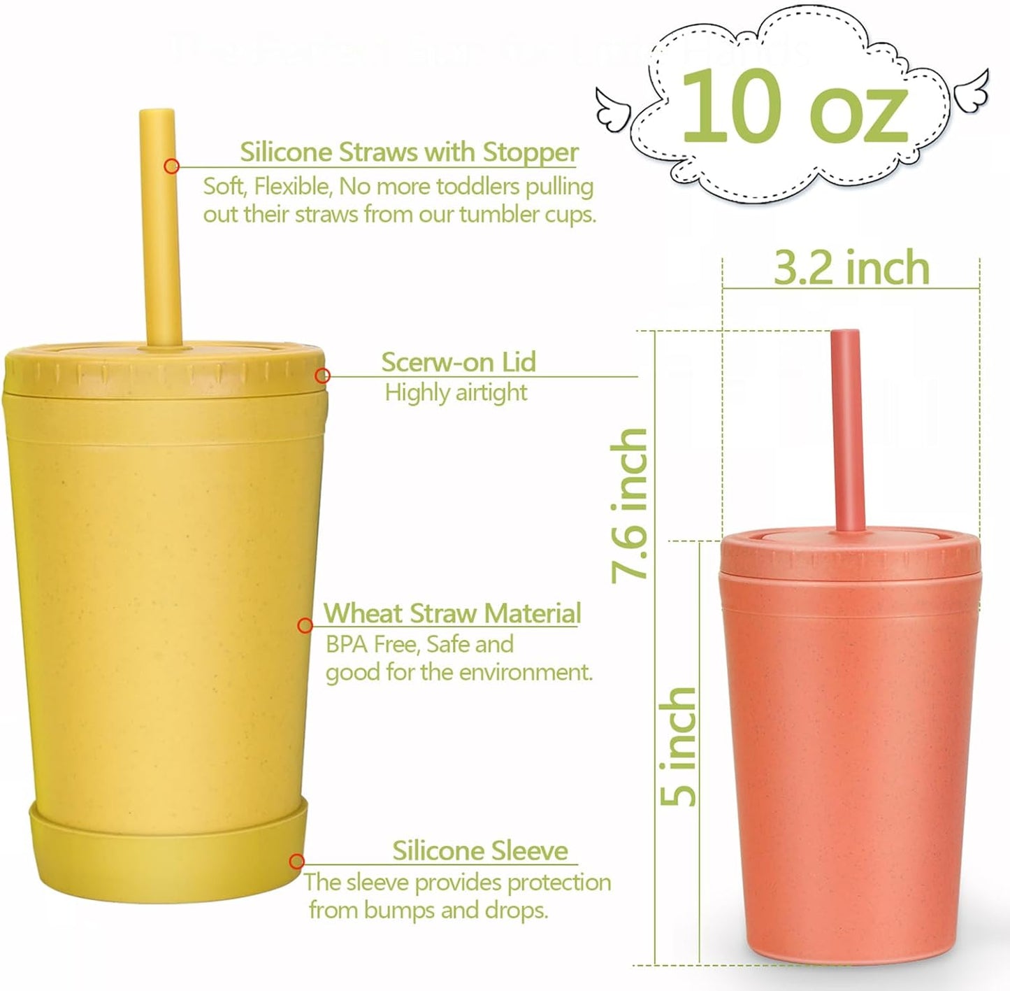 Homestockplus Reusable Wheat Straw Cups with Lids and Silicone Straws, 10 Oz Chip Resistant E-Co Friendly Small Water Cups for Milk, Drinks, Smoothies - 4 Colors