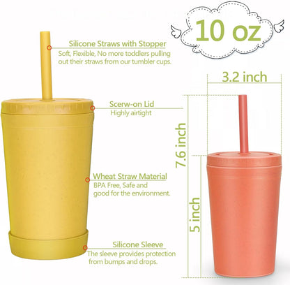 Homestockplus Reusable Wheat Straw Cups with Lids and Silicone Straws, 10 Oz Chip Resistant E-Co Friendly Small Water Cups for Milk, Drinks, Smoothies - 4 Colors