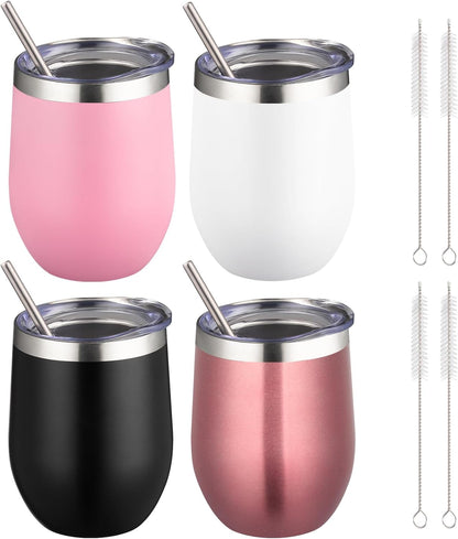 12 oz Insulated Wine Tumbler with Lid and Straw,Stainless Steel Stemless Wine Tumbler Glasses Double Wall Vacuum Wine Cups Tumbler for Coffee,Champaign,Cocktail,Office（Silver,1）