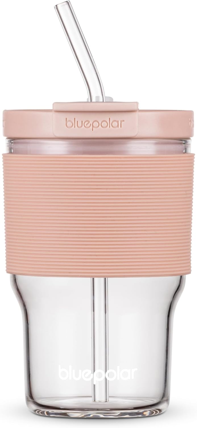 BLUEPOLAR 16oz/480ml Iced Coffee Cups With Lids And Straws,Reusable Leakproof Glass Tumbler,Water Bottles,Cold Brew,Drinking Jars For Juicing,Matcha,Tea,Smoothie For Travel,Office (Off-White)