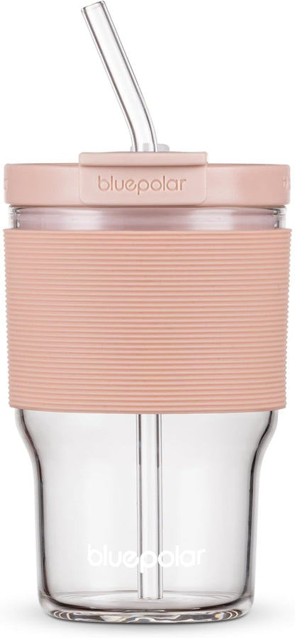 BLUEPOLAR 16oz/480ml Iced Coffee Cups With Lids And Straws,Reusable Leakproof Glass Tumbler,Water Bottles,Cold Brew,Drinking Jars For Juicing,Matcha,Tea,Smoothie For Travel,Office (Off-White)