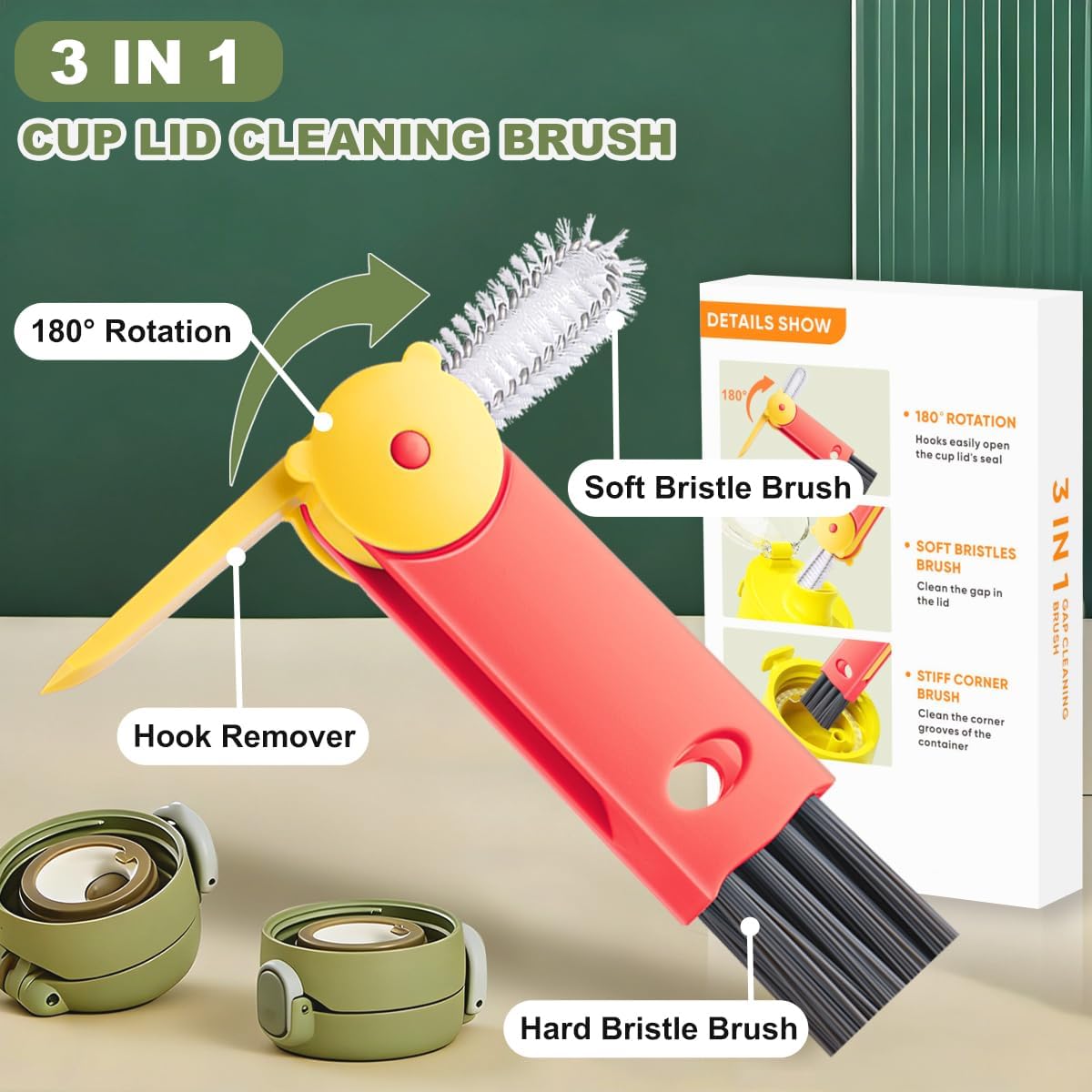 3 in 1 Cup Lid Cleaning Brush, Portable Cup Cleaner Brush, New Water Bottle Lid Cleaner Brush, Multifunctional Cleaning Brush - Home Kitchen Cleaning Tools for Tight Spaces & Bottle Gaps, 3 PCS