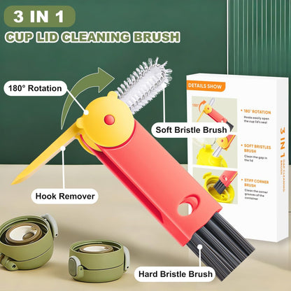 3 in 1 Cup Lid Cleaning Brush, Portable Cup Cleaner Brush, New Water Bottle Lid Cleaner Brush, Multifunctional Cleaning Brush - Home Kitchen Cleaning Tools for Tight Spaces & Bottle Gaps, 3 PCS