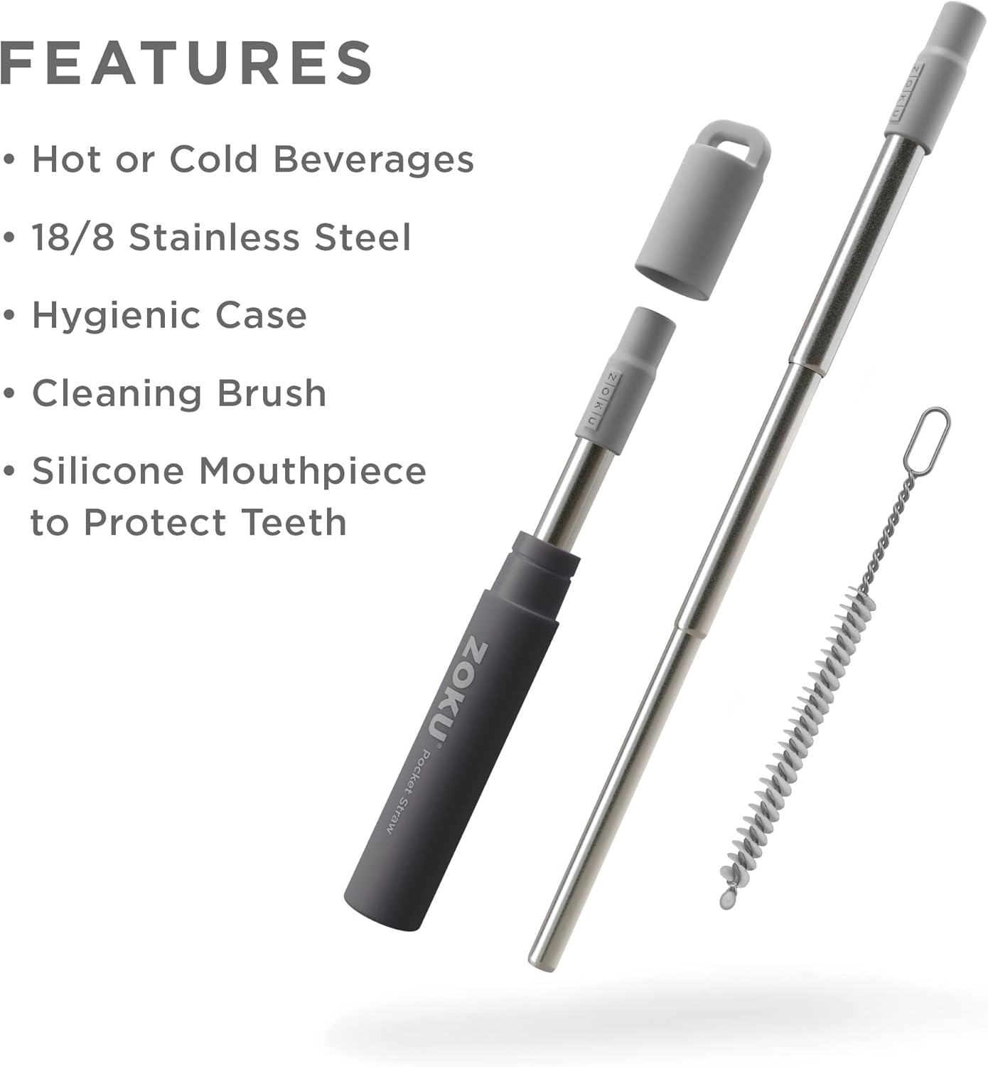 ZOKU Reusable Metal Straw with Case for Travel, Teal - Collapsible Stainless Steel Drinking Straw with Silicone Tip and Cleaner Brush, Ideal for Key Chains, Pockets, Purses