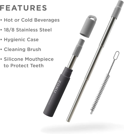 ZOKU Reusable Metal Straw with Case for Travel, Teal - Collapsible Stainless Steel Drinking Straw with Silicone Tip and Cleaner Brush, Ideal for Key Chains, Pockets, Purses