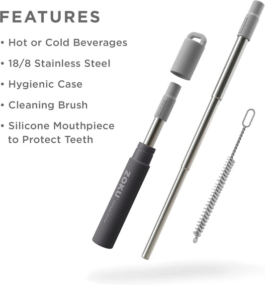 ZOKU Reusable Metal Straw with Case for Travel, Teal - Collapsible Stainless Steel Drinking Straw with Silicone Tip and Cleaner Brush, Ideal for Key Chains, Pockets, Purses