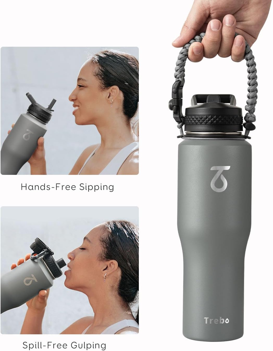 Trebo 40 oz Water Bottle Insulated Fit Car Cup Holder with Handle, Stainless Steel Water Bottles Tumbler with Spout Straw Lids, Double Wall Travel Reusable Flask, Leakproof Mug,Keep Cold &Hot,Black