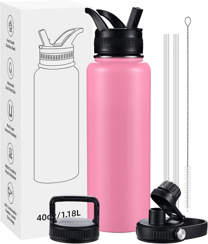 Insulated Water Bottles with Straw 40 oz Leak Proof, Vacuum Insulated Stainless Steel Sport Tumbler with 3 Lids Straw, Spout and Handle Lid for Sports, Gym or Office,Hot Pink