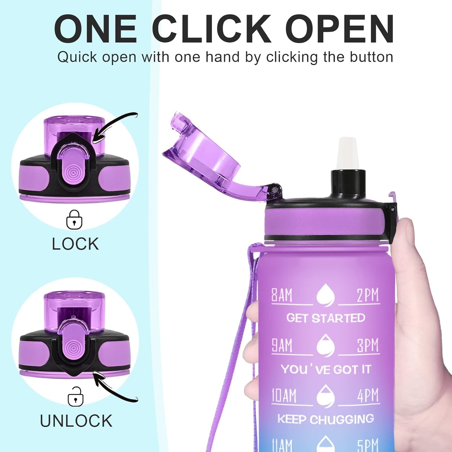 Enerbone Water Bottle, Leakproof BPA & Toxic Free, Motivational Water Bottle with Times to Drink and Straw, Fitness Sports Water Bottle with Strap for Office, Gym, Outdoor Sports