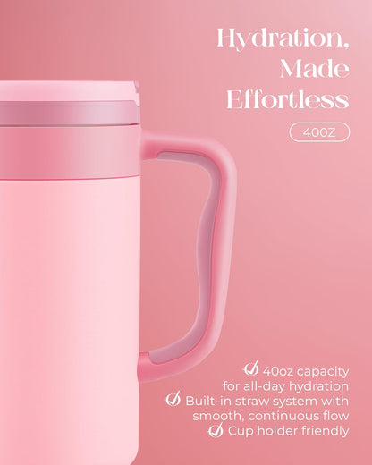 40 oz Insulated Tumbler with Handle and Push-Button Straw Lid, Stainless Steel Travel Cup for Gym Office, Leakproof, BPA-Free, Cup Holder Friendly, Bow Silicone Boot, Purple (Light Lilac)