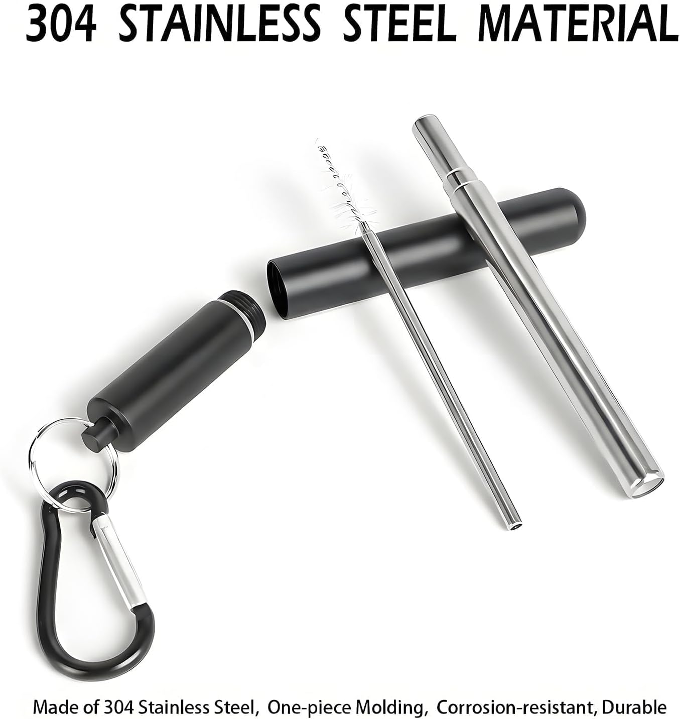 Collapsible Stainless Steel Drinking Straws with Aluminum Case, Cleaning Brush, and Keychains（Black+Silver）