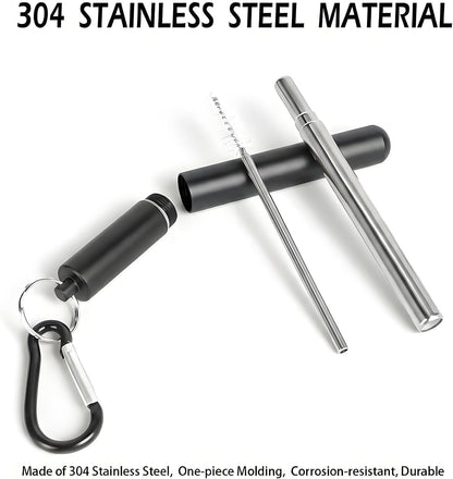 Collapsible Stainless Steel Drinking Straws with Aluminum Case, Cleaning Brush, and Keychains（Black+Silver）