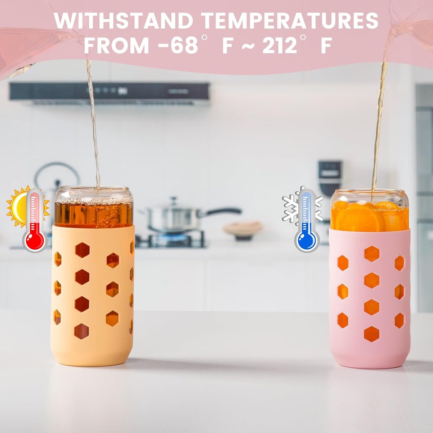 Mrsdry Glass Cups with Lids and Straws (4 Pcs), 16oz Drinking Glasses Set with Silicone Sleeves for Coffee Bar Accessories Iced Coffee Cups with Lids, Glass Tumbler Reusable for Gifts