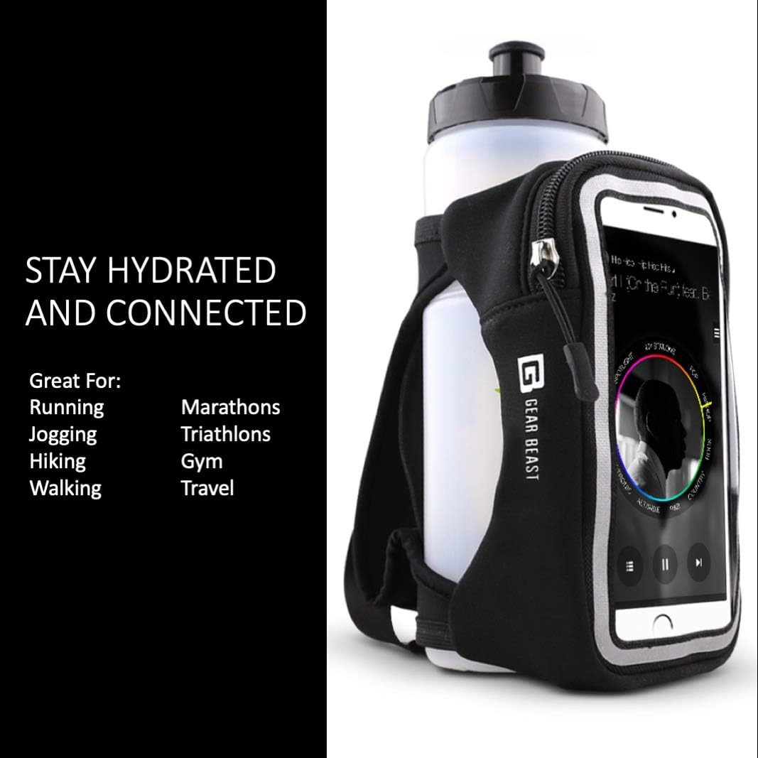 Gear Beast Running Water Bottle - 23 oz Reusable, Portable Water Bottle for Running, Walking, Hiking, Gym and Travel w/Zippered Phone Holder