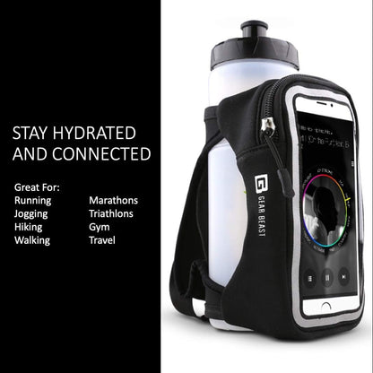 Gear Beast Running Water Bottle - 23 oz Reusable, Portable Water Bottle for Running, Walking, Hiking, Gym and Travel w/Zippered Phone Holder