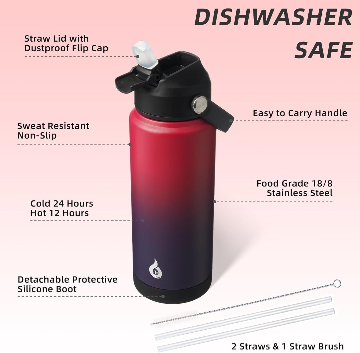 BJPKPK Insulated Water Bottle with Straw Lid, 18oz Thermo Water Bottles with Soft Nozzle, Flex Handle & Non-slip Boot, BPA Free Leak Proof Stainless Steel Metal Thermo, Tumblers, Cups,Sea Salt