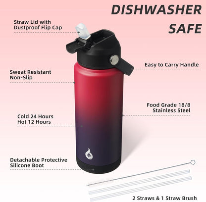 BJPKPK Insulated Water Bottle with Straw Lid, 18oz Thermo Water Bottles with Soft Nozzle, Flex Handle & Non-slip Boot, BPA Free Leak Proof Stainless Steel Metal Thermo, Tumblers, Cups,Sea Salt
