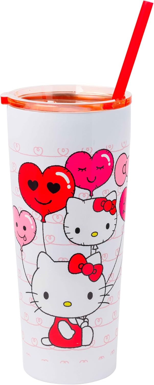 Silver Buffalo Sanrio Hello Kitty Milk Carton Pattern Plastic Boba Tumbler w Lid and Wide Straw, 24 Ounces