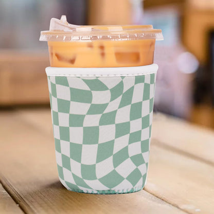 Reusable Insulated Neoprene Iced Coffee Cup Sleeve, Durable Drink Sleeve for Cold Beverages, Beverage Holder for Iced Coffee, Floral Checkers