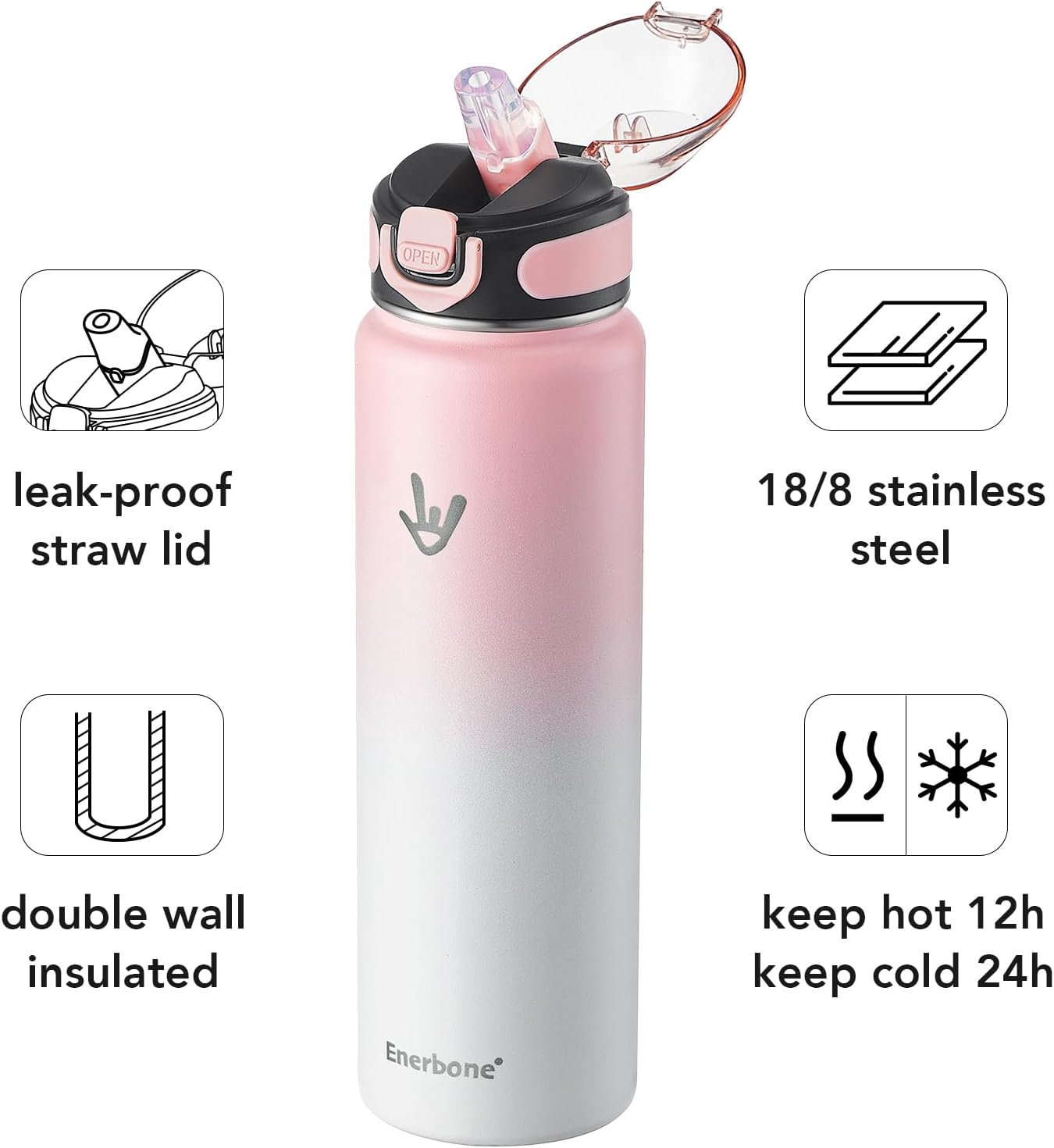 Enerbone 24 oz Insulated Water Bottle, Stainless Steel Bottle with Carrying Strap, Double-Wall Vacuum Insulation Design, Leakproof Sports Bottle with Straw, Keep Drinks Cold or Hot for Hours