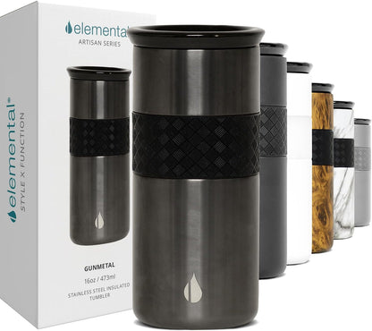 Elemental Artisan Insulated Tumbler, Triple Wall Coffee Travel Mug, Reusable Stainless Steel Coffee Tumbler with Ceramic Lid, Thermal Coffee Cups for Hot (6 Hrs) & Cold (18 Hrs), 16oz - Forest Green