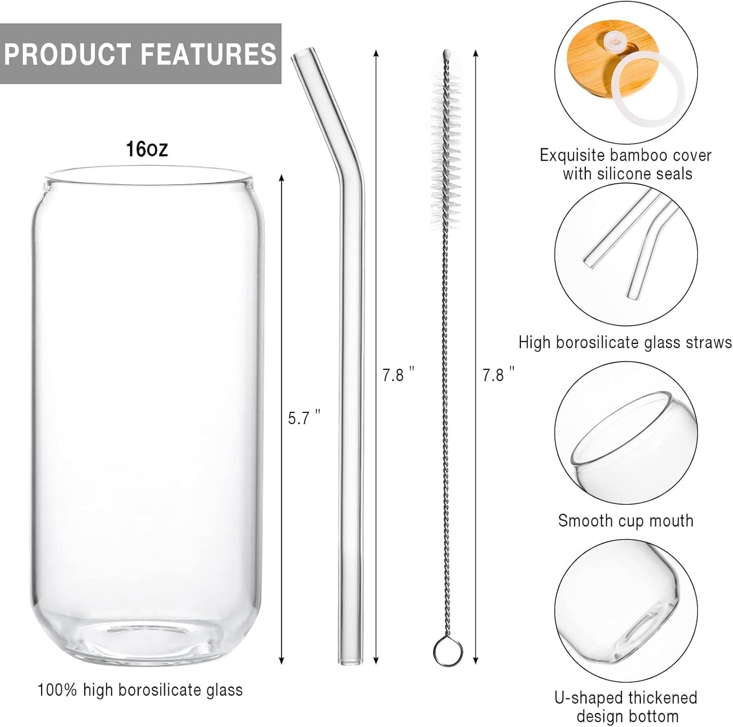 1 Pack Glass Cup, 16oz Drinking Glass with Bamboo Lid and Straw, Beer Tumbler for Mojito Soda Smoothies Whiskey Iced Coffee Cocktail Tea Juice