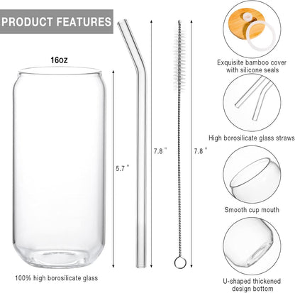1 Pack Glass Cup, 16oz Drinking Glass with Bamboo Lid and Straw, Beer Tumbler for Mojito Soda Smoothies Whiskey Iced Coffee Cocktail Tea Juice