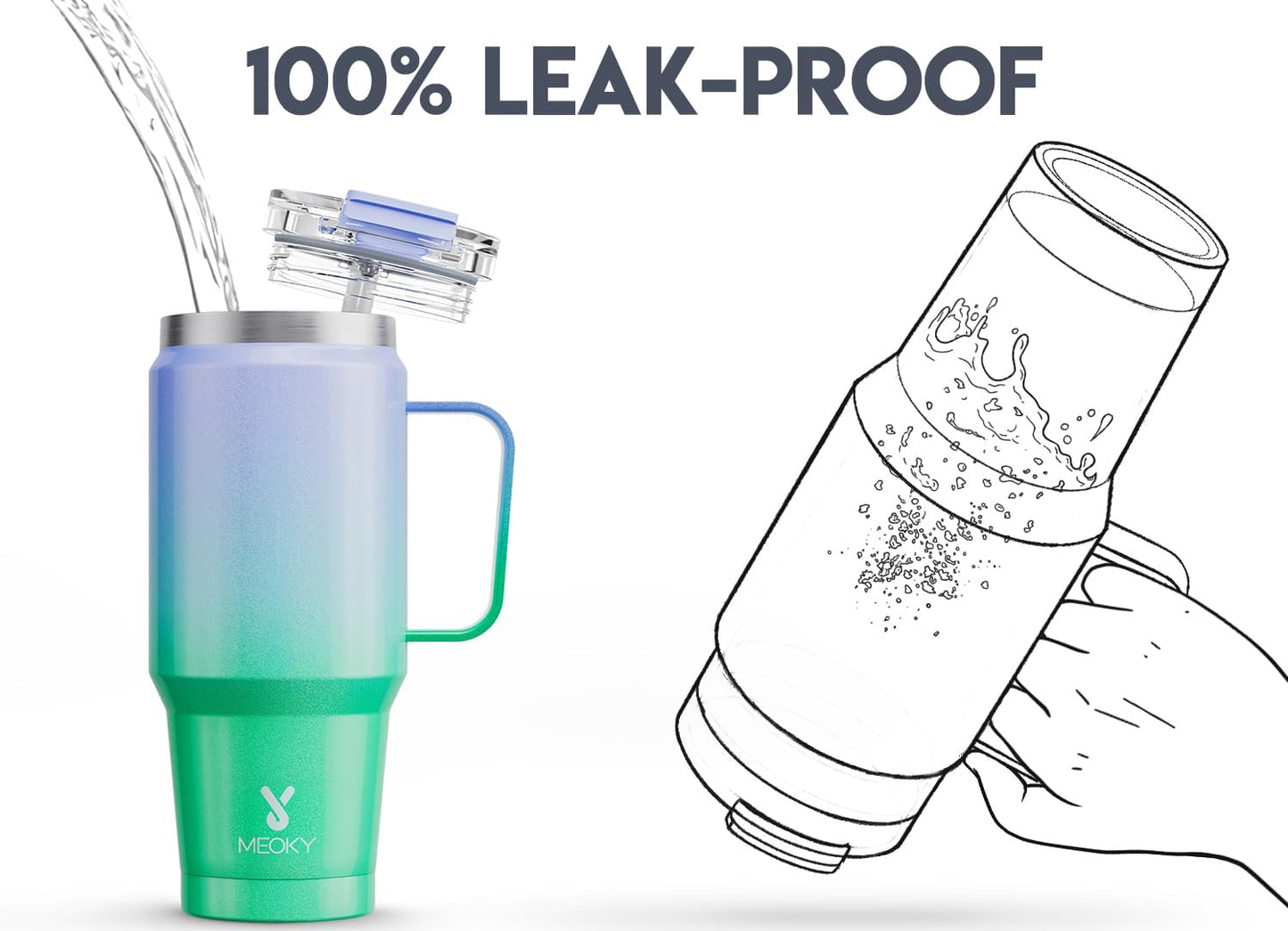 Meoky 32oz Tumbler with Handle, Stainless Steel Travel Mug with 2-in-1 Straw and Sip Lid, Vacuum Insulated Coffee Mug, 100% Leak Proof, Keeps Cold for 24 Hours or Hot for 8 Hours (Sky)