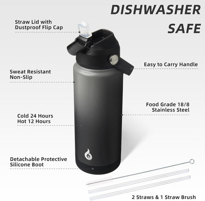 BJPKPK Insulated Water Bottle with Straw Lid, 18oz Thermo Water Bottles with Soft Nozzle, Flex Handle & Non-slip Boot, BPA Free Leak Proof Stainless Steel Metal Thermo, Tumblers, Cups,Sea Salt