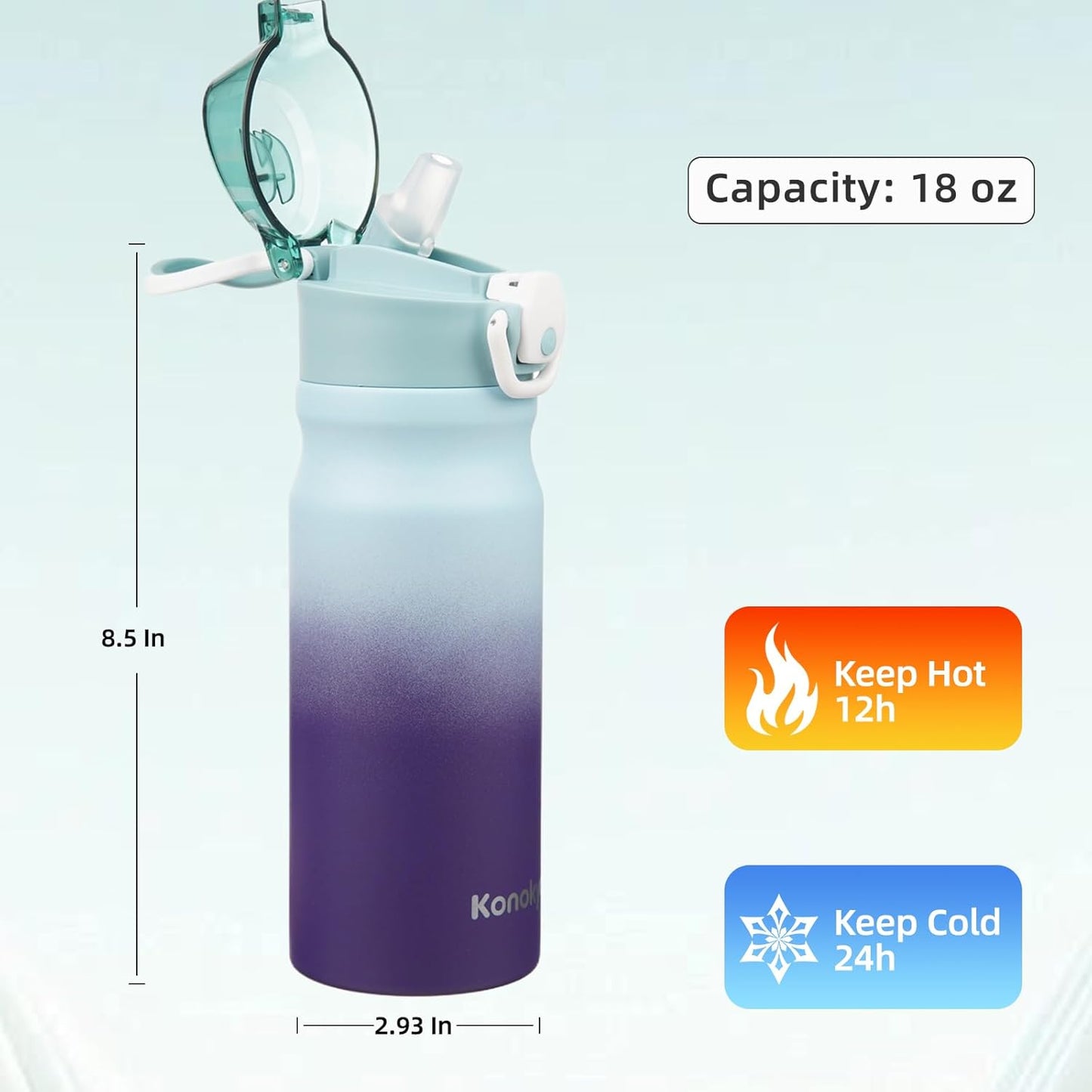 Konokyo 18 oz Insulated Water Bottle with Straw Lid, Stainless Steel Vacuum Sports Water Bottle, Leak-Proof Reusable Metal Flask with Carry Loop, BPA-Free Travel Bottle for Gym, School, Office