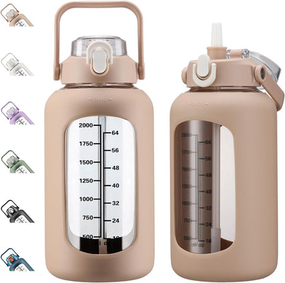 64oz Glass Water Bottles with Straw, Half Gallon Motivational Glass Bottle with Silicone Sleeve and Time Marker, 2L Leakproof Large Glass Water Jug for Gym Home Office,olive