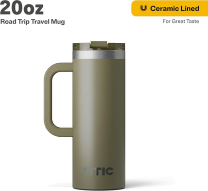 RTIC 20oz Road Trip Travel Mug with Lid and Handle, Ceramic Lined, Insulated, Stainless Steel, Metal, Double Wall Vacuum-Insulation, Portable Coffee, Tea Cup for Hot and Cold Drink, Black