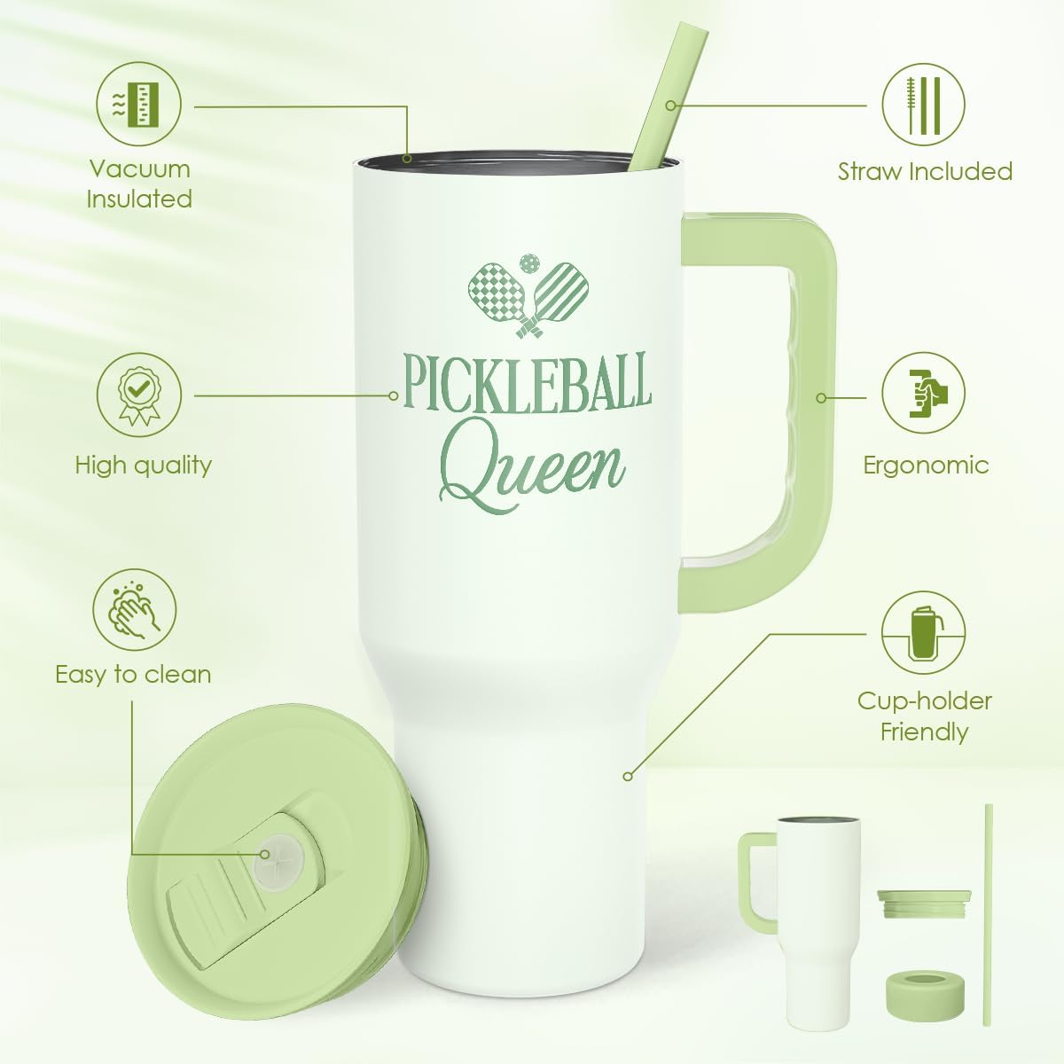 SANDJEST Pickleball 40oz Tumbler With Handle and Straw, Pickleball Queen Insulated Stainless Steel Travel Coffee Mug for Women Girls Players, Gift Idea for Birthday Christmas Mothers Day