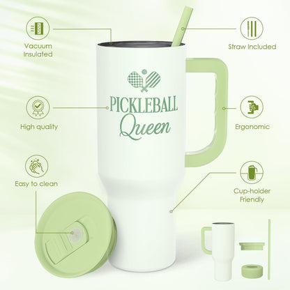 SANDJEST Pickleball 40oz Tumbler With Handle and Straw, Pickleball Queen Insulated Stainless Steel Travel Coffee Mug for Women Girls Players, Gift Idea for Birthday Christmas Mothers Day