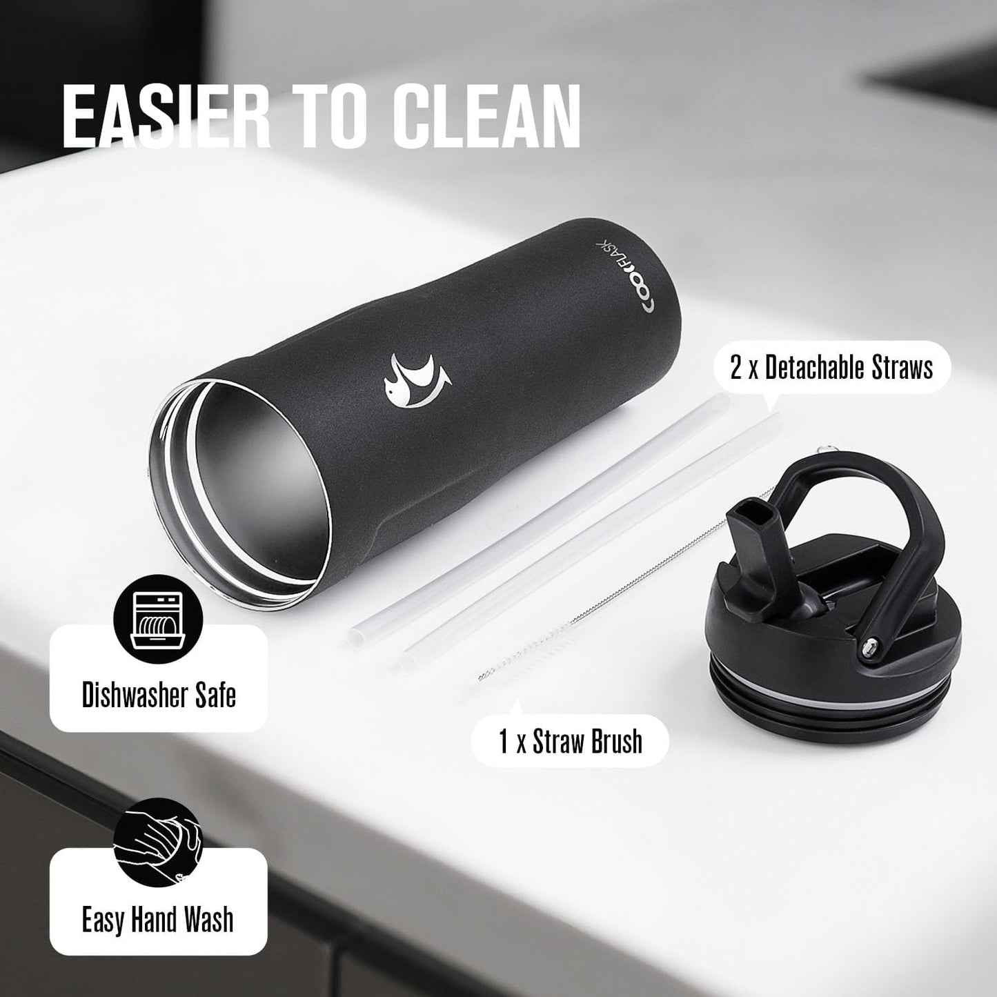 Coolflask Water Bottle 40 oz Fits Car Cup Holder, Slim Tumbler Stainless Steel with Straw & Handle, Vacuum Flask Leakproof Wide Mouth for Travel Sports Gym, Black