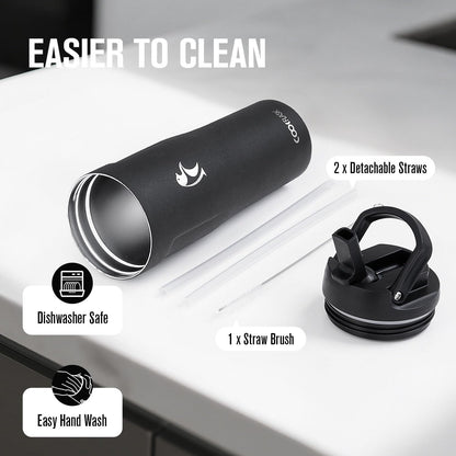 Coolflask Water Bottle 40 oz Fits Car Cup Holder, Slim Tumbler Stainless Steel with Straw & Handle, Vacuum Flask Leakproof Wide Mouth for Travel Sports Gym, Black